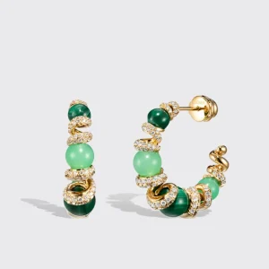 CHRYSOPRASE & MALACHITE YELLOW GOLD DIAMOND GUMBALL SLINKEE EARRINGS>Boochier Online