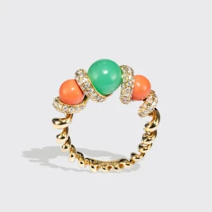 CORAL & CHRYSOPRASE DIAMOND GUMBALL SLINKEE RING>Boochier Fashion