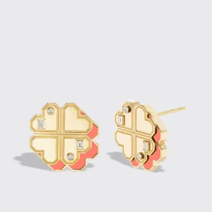 CORAL YELLOW GOLD CLOVER LEAF STUDS>Boochier Online