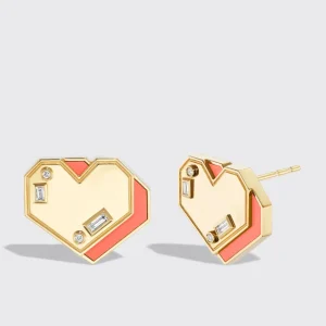 CORAL YELLOW GOLD HEART STUDS>Boochier Best