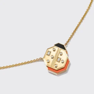 CORAL YELLOW GOLD LADYBUG NECKLACE>Boochier Hot