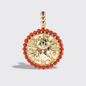 CORAL YELLOW GOLD LUCKY CAT DIAMOND CHARM>Boochier Clearance