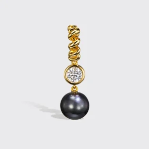 GREY PEARL AND DIAMOND YELLOW GOLD BEACHING DROP HUGGIE EARRINGS>Boochier Fashion