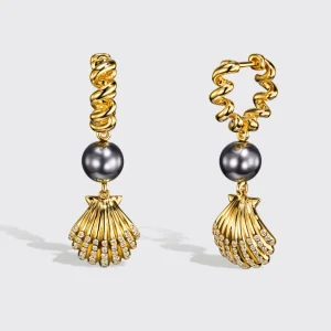 GREY PEARL YELLOW GOLD BEACHING SHELL DROP DIAMOND HUGGIE EARRINGS>Boochier Hot