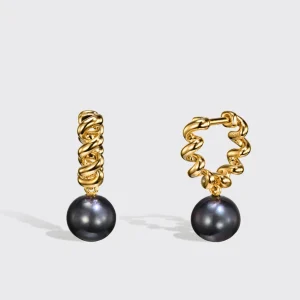 GREY PEARL YELLOW GOLD BEACHING DROP HUGGIE EARRINGS>Boochier Fashion