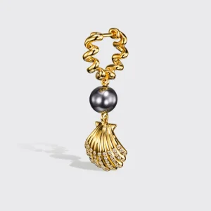 GREY PEARL YELLOW GOLD BEACHING SHELL DROP DIAMOND HUGGIE EARRINGS>Boochier Hot
