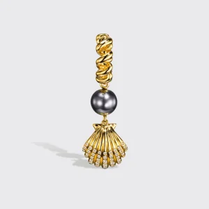 GREY PEARL YELLOW GOLD BEACHING SHELL DROP DIAMOND HUGGIE EARRINGS>Boochier Hot