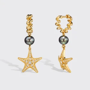 GREY PEARL YELLOW GOLD DIAMOND BEACHING STARFISH DROP HUGGIE EARRINGS>Boochier Outlet