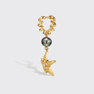 GREY PEARL YELLOW GOLD DIAMOND BEACHING STARFISH DROP HUGGIE EARRINGS>Boochier Outlet