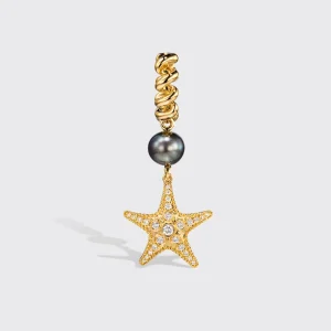 GREY PEARL YELLOW GOLD DIAMOND BEACHING STARFISH DROP HUGGIE EARRINGS>Boochier Outlet