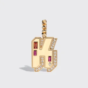 JUMBO YELLOW GOLD DIAMOND LETTER & NUMBER PENDANT [orange & pink sapphires]>Boochier Best
