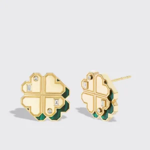 MALACHITE YELLOW GOLD CLOVER LEAF STUDS>Boochier Fashion