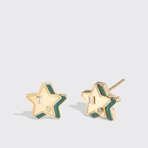 MALACHITE YELLOW GOLD MINI STAR STUDS>Boochier Sale