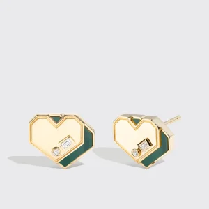 MALACHITE YELLOW GOLD MINI HEART STUDS>Boochier New