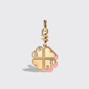 PINK OPAL YELLOW GOLD CLOVER LEAF CHARM>Boochier Clearance