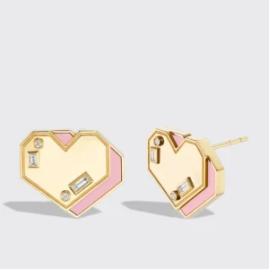PINK OPAL YELLOW GOLD HEART STUDS>Boochier Discount