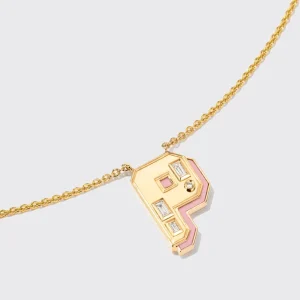 PINK OPAL YELLOW GOLD LETTER NECKLACE>Boochier New