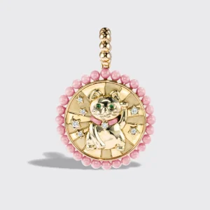 PINK OPAL YELLOW GOLD LUCKY CAT DIAMOND CHARM>Boochier Sale