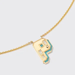 TURQUOISE YELLOW GOLD LETTER NECKLACE>Boochier New