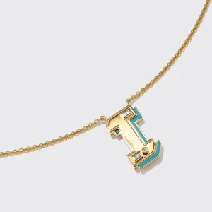 TURQUOISE YELLOW GOLD LETTER NECKLACE>Boochier New