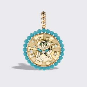 TURQUOISE YELLOW GOLD LUCKY CAT DIAMOND CHARM>Boochier Best