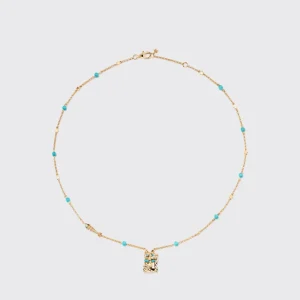 TURQUOISE YELLOW GOLD LUCKY CAT DIAMOND NECKLACE>Boochier Hot