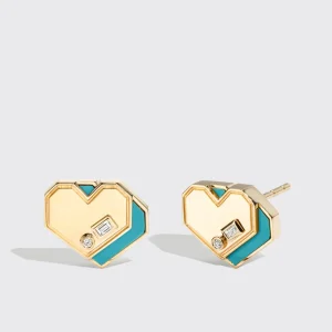 TURQUOISE YELLOW GOLD MINI HEART STUDS>Boochier Clearance
