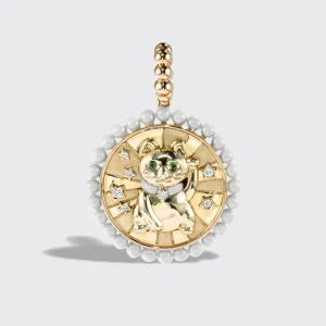 WHITE MOTHER OF PEARL YELLOW GOLD LUCKY CAT DIAMOND CHARM>Boochier Clearance
