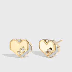 WHITE MOTHER OF PEARL YELLOW GOLD MINI HEART STUDS>Boochier Clearance