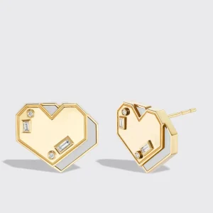 WHITE MOTHER OF PEARL YELLOW GOLD HEART STUDS>Boochier Online