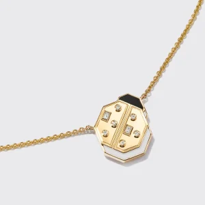 WHITE MOTHER OF PEARL YELLOW GOLD LADYBUG NECKLACE>Boochier New
