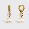 WHITE PEARL AND DIAMOND YELLOW GOLD BEACHING DROP HUGGIE EARRINGS>Boochier Best