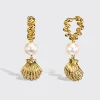 WHITE PEARL YELLOW GOLD BEACHING SHELL DROP DIAMOND HUGGIE EARRINGS>Boochier Discount