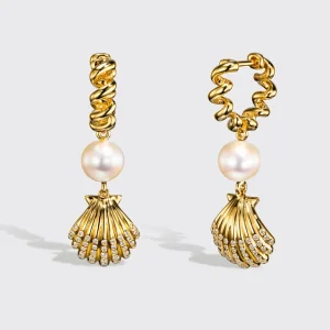 WHITE PEARL YELLOW GOLD BEACHING SHELL DROP DIAMOND HUGGIE EARRINGS>Boochier Discount