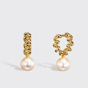 WHITE PEARL YELLOW GOLD BEACHING DROP HUGGIE EARRINGS>Boochier Sale