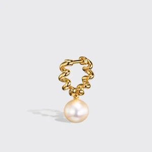WHITE PEARL YELLOW GOLD BEACHING DROP HUGGIE EARRINGS>Boochier Sale