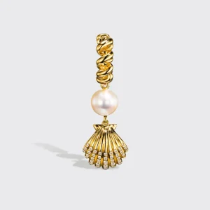 WHITE PEARL YELLOW GOLD BEACHING SHELL DROP DIAMOND HUGGIE EARRINGS>Boochier Discount