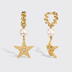 WHITE PEARL YELLOW GOLD DIAMOND BEACHING STARFISH DROP HUGGIE EARRINGS>Boochier Best