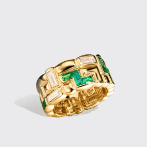 YELLOW GOLD HALF EMERALD AND DIAMOND ARCADE RING>Boochier Sale