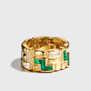 YELLOW GOLD HALF EMERALD AND DIAMOND ARCADE RING>Boochier Sale