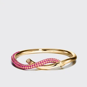 YELLOW GOLD HALF PINK SAPPHIRE TIES BANGLE>Boochier Hot