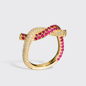 YELLOW GOLD PINK SAPPHIRE AND DIAMOND TIES RING>Boochier Best