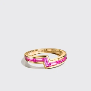 YELLOW GOLD PINK SAPPHIRE ARCADE STACKABLE RING>Boochier Online